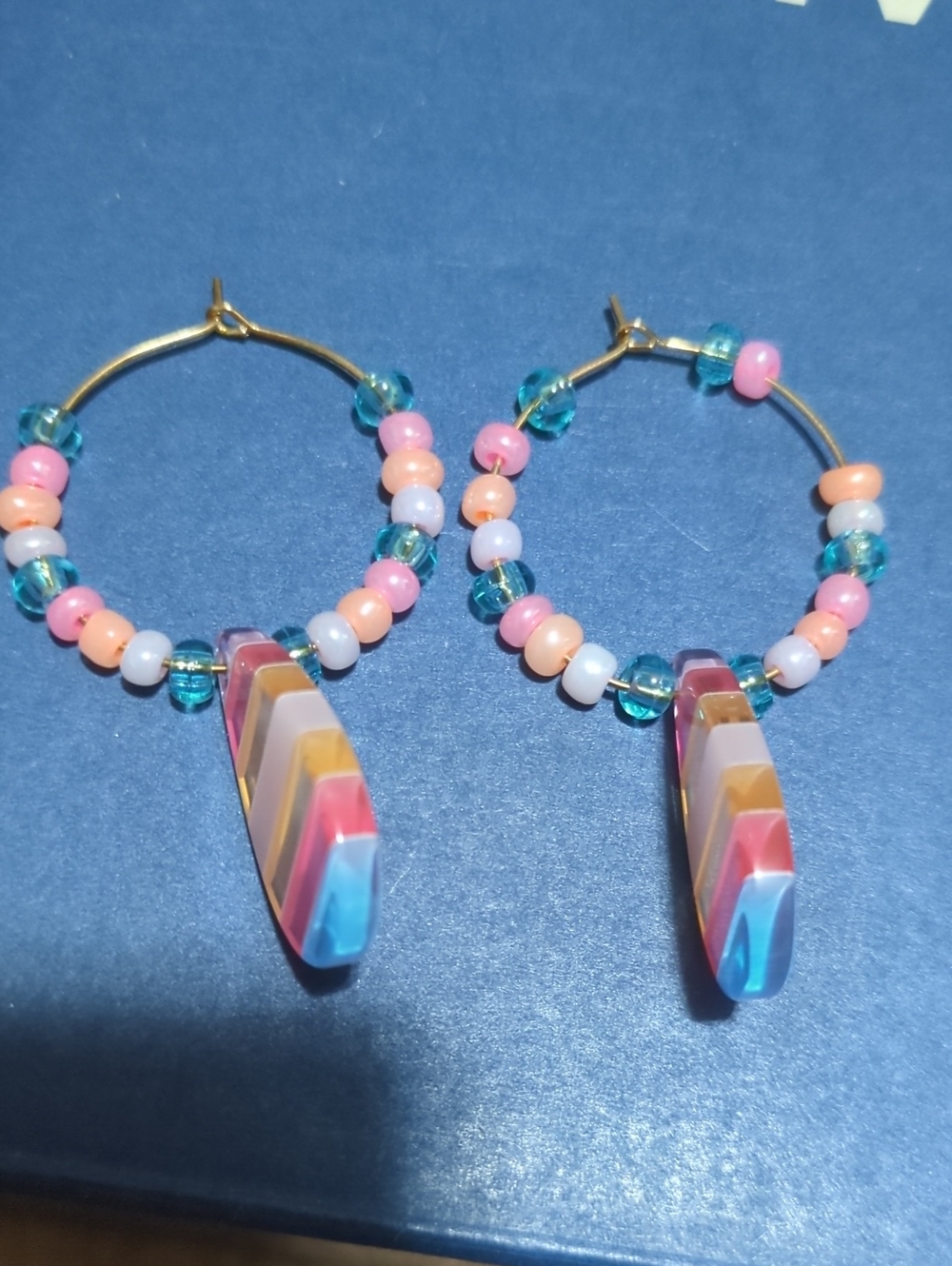 Multicolor Beaded Hoop Earrings with Striped Pendant
